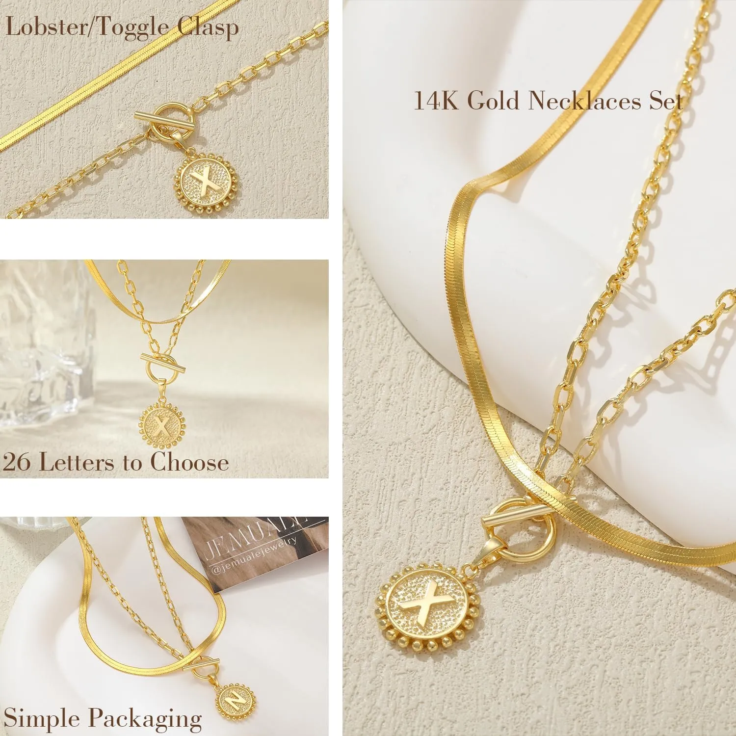 Initial Necklace for Women 14K Gold Plated Layering Necklace Paperclip Link Chain Coin Pendant Choker Snake Chain Gold Jewelry