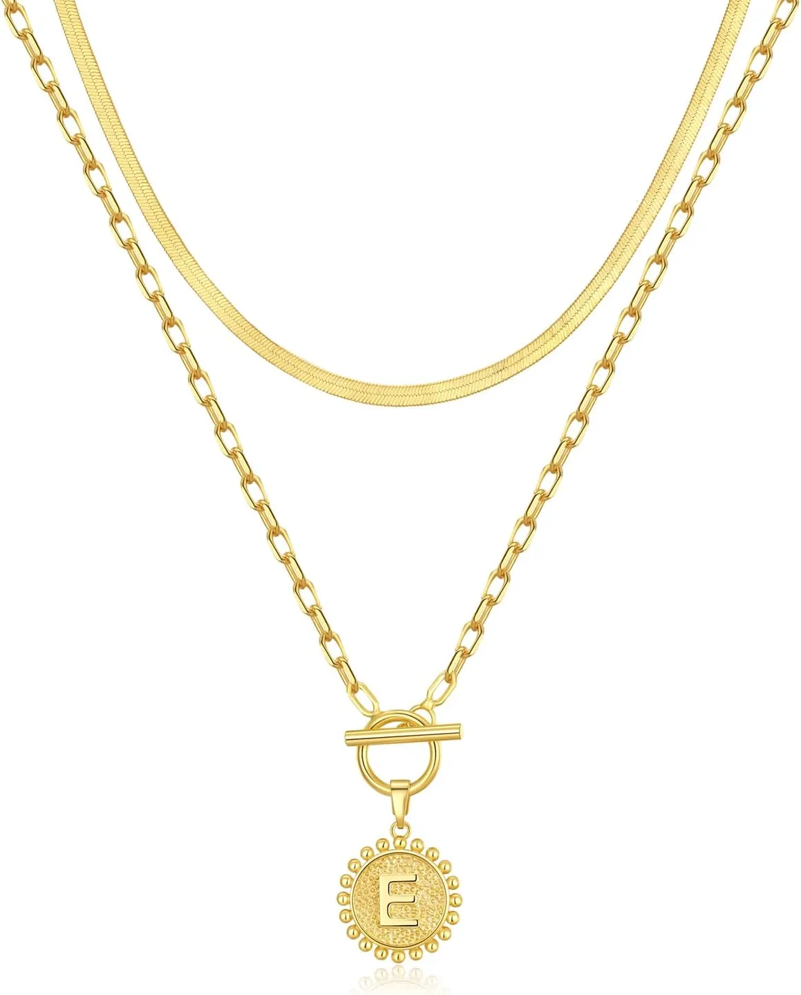 Initial Necklace for Women 14K Gold Plated Layering Necklace Paperclip Link Chain Coin Pendant Choker Snake Chain Gold Jewelry