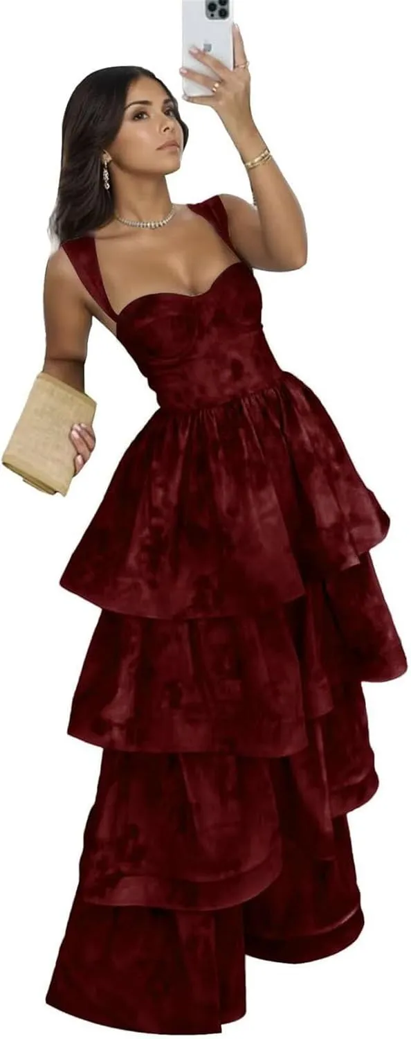 Jacquard Floral Tiered Prom Dresses Sweetheart Corset Ruffle Satin Formal Evening Gowns
