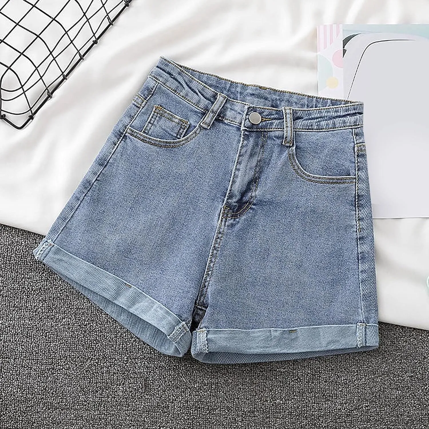 Jean Shorts for Women Summer Casual Loose Fit Elastic High Waisted Shorts Fashion Comfort Wide Leg Shorts with Pockets