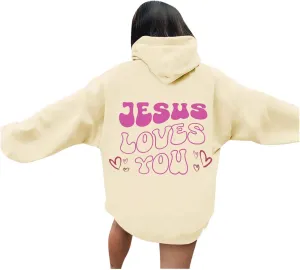 Jesus Loves You Christian Hoodies for Women Bible Verse Oversized Long Sleeve Y2K Drawstring Sweatshirts Comfy Pockets Tops