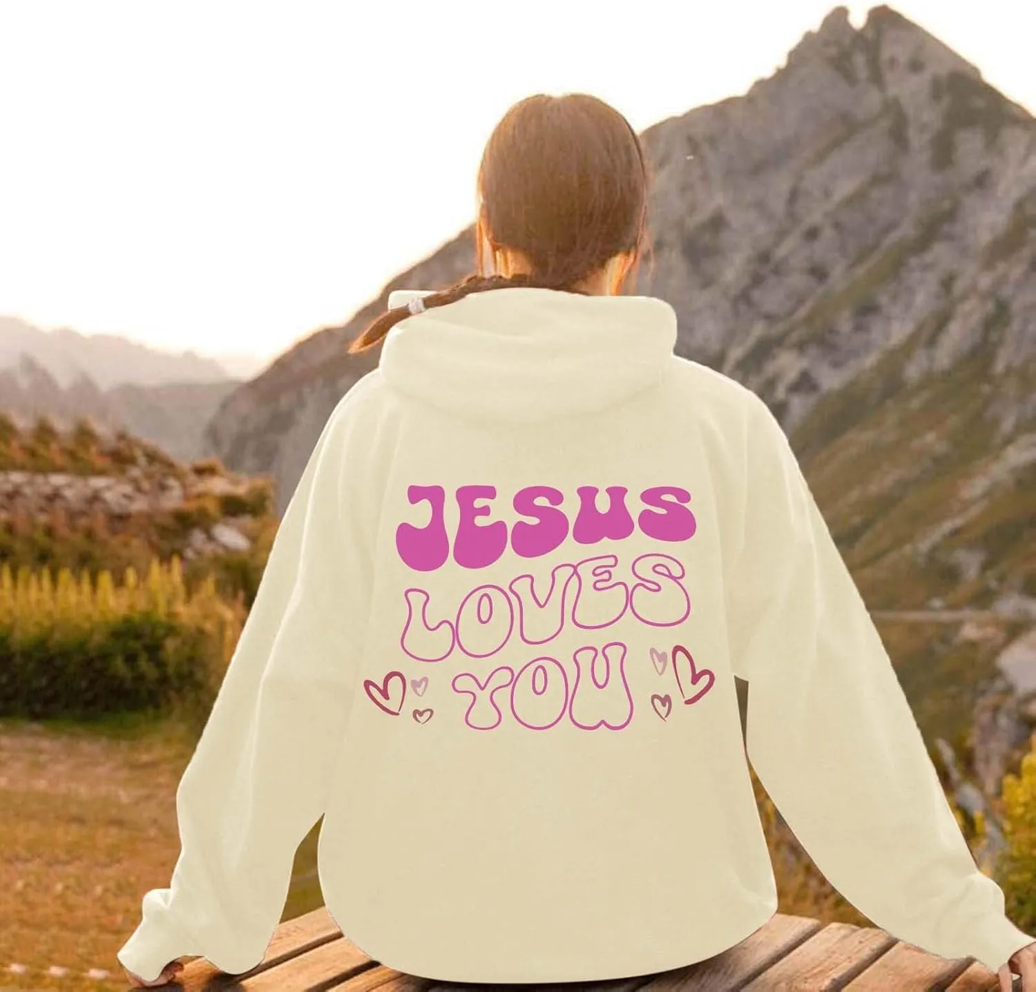 Jesus Loves You Christian Hoodies for Women Bible Verse Oversized Long Sleeve Y2K Drawstring Sweatshirts Comfy Pockets Tops