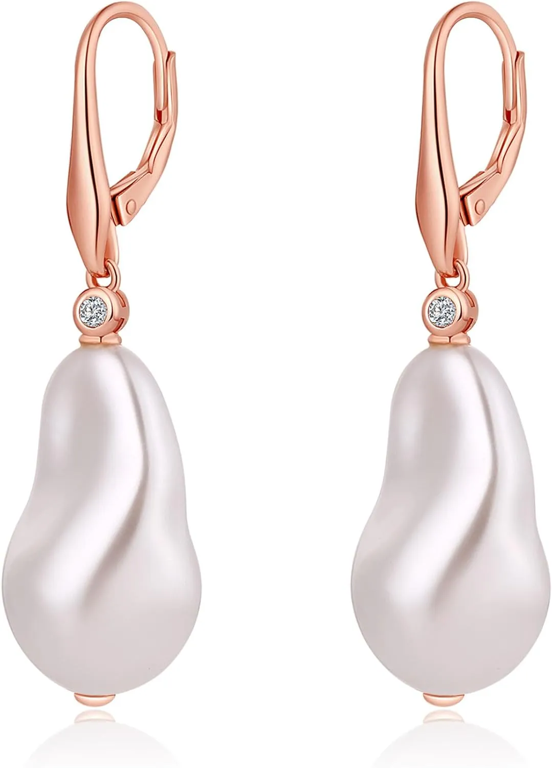 JiaYangJY Baroque Pearl Dangle Earrings for Women 18K Gold Plated Cubic Zirconia 8MM-10MM Irregularly Pearl Drop Earrings Lever Back CZ Diamond Pearl Earrings Sterling Silver Fine Jewelry