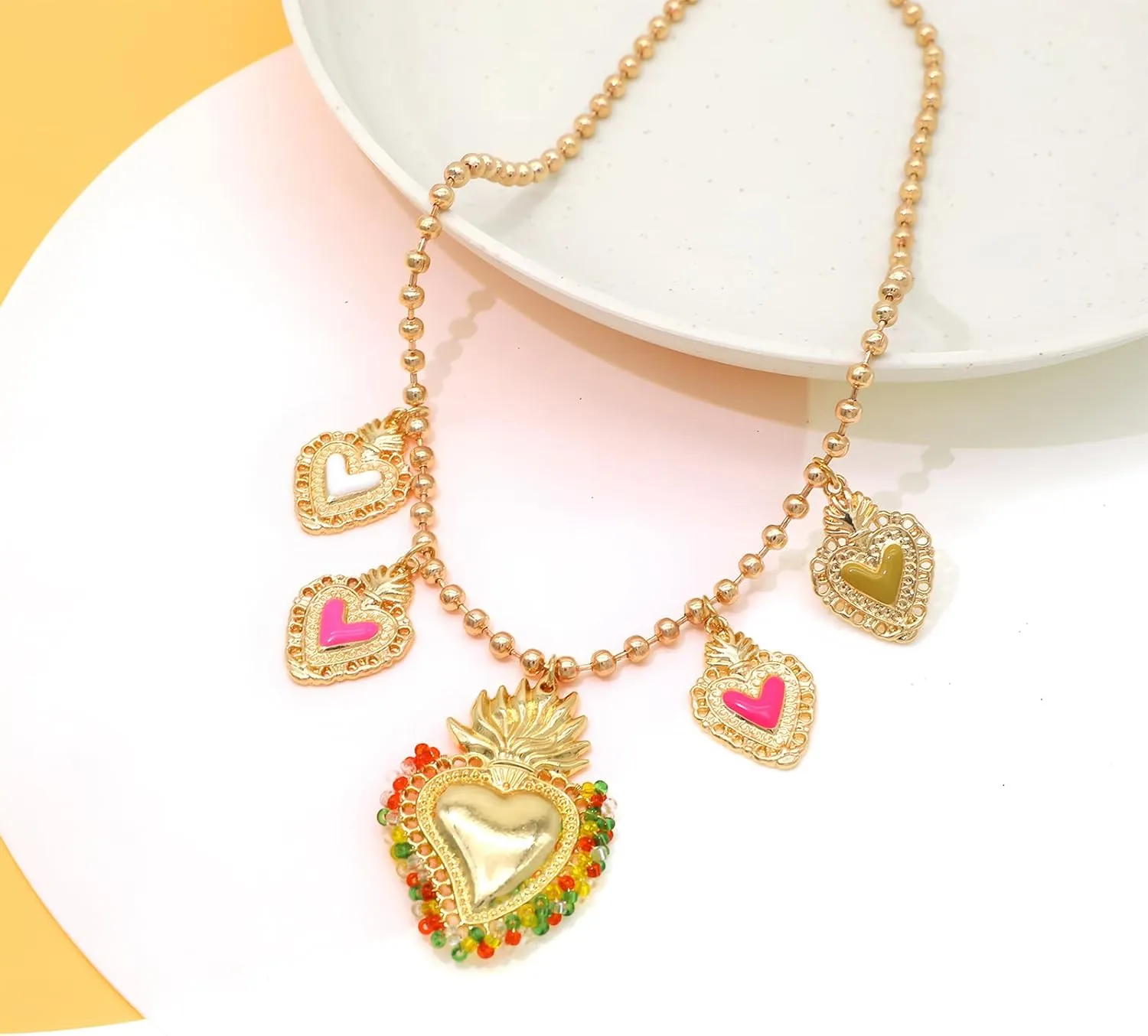 JNF Chunky Layer Heart Charm Necklace for Women Boho Heart Sun Flower Key Coins Charms Necklaces Paperclip Link Chain Necklace Y2K Statement Jewelry