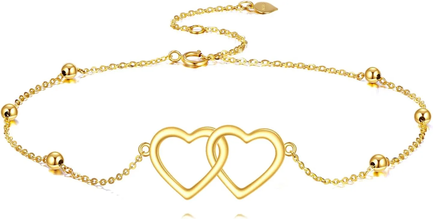 KECHO 14K Real Gold Hearts Beaded Bracelets for Women,Yellow Gold Love Interlock Hearts Bracelet Jewelry Gifts for Birthday Christmas 6.5 2 inch