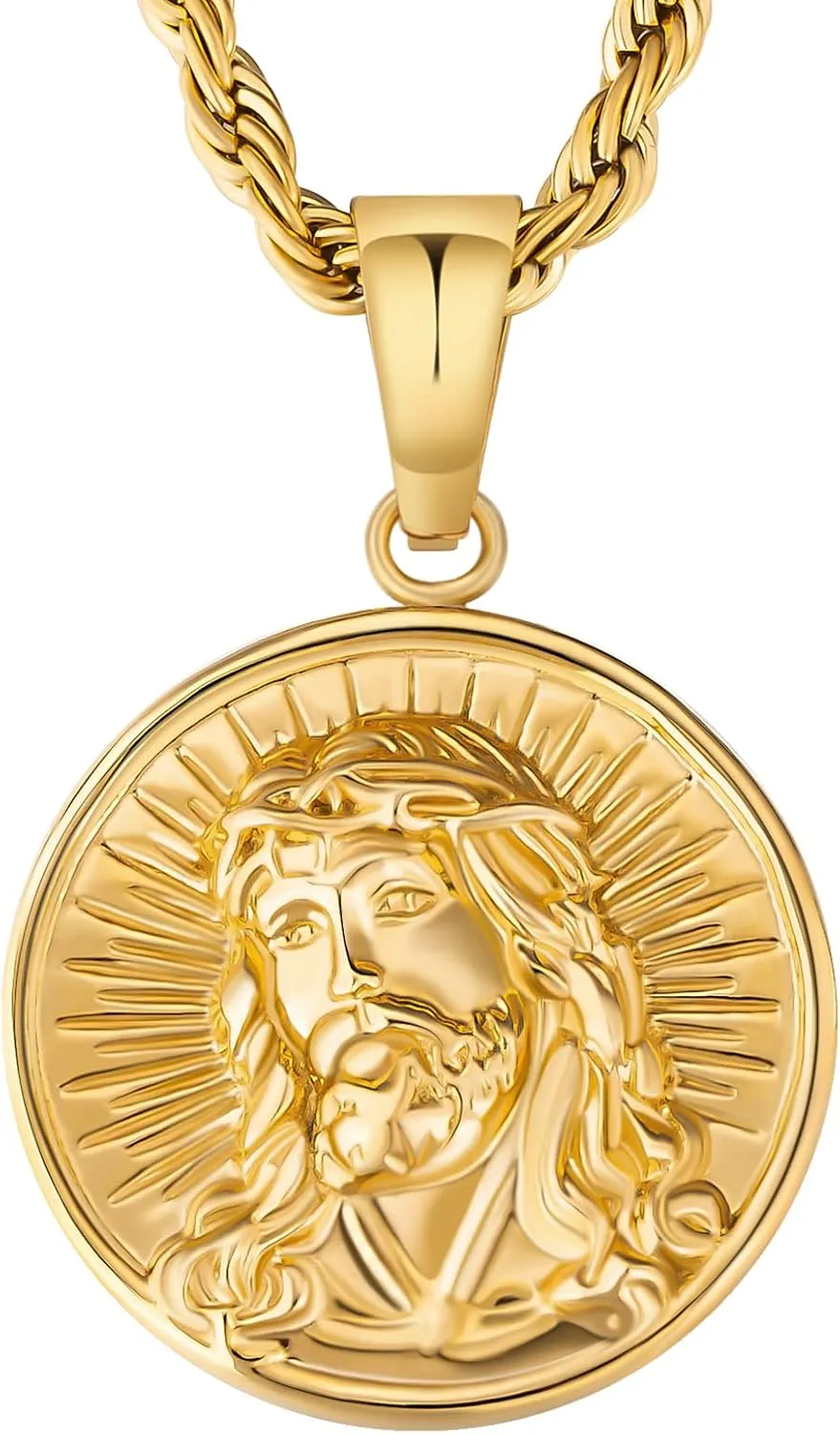 KRKC&CO Coin Pendant Medallion Necklace, Jesus/St. Christopher/Cross Circle Gold Vintage Coin Birthday Gift for Men, Him, 2.5mm, 22in