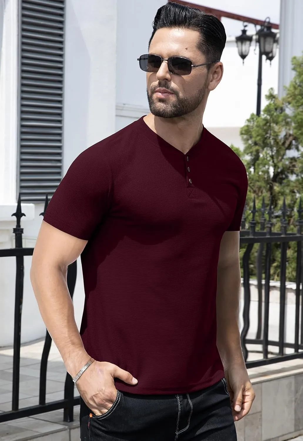 KUYIGO Men's Slim Fit Henley Shirts Short Long Sleeve Casual Tight Solid Waffle Fashion T-Shirts Tops