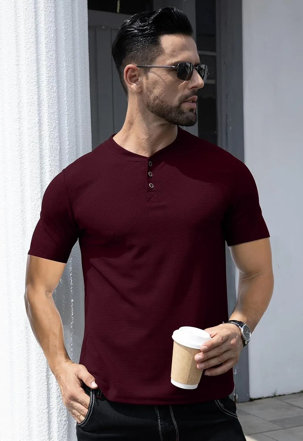 KUYIGO Men's Slim Fit Henley Shirts Short Long Sleeve Casual Tight Solid Waffle Fashion T-Shirts Tops