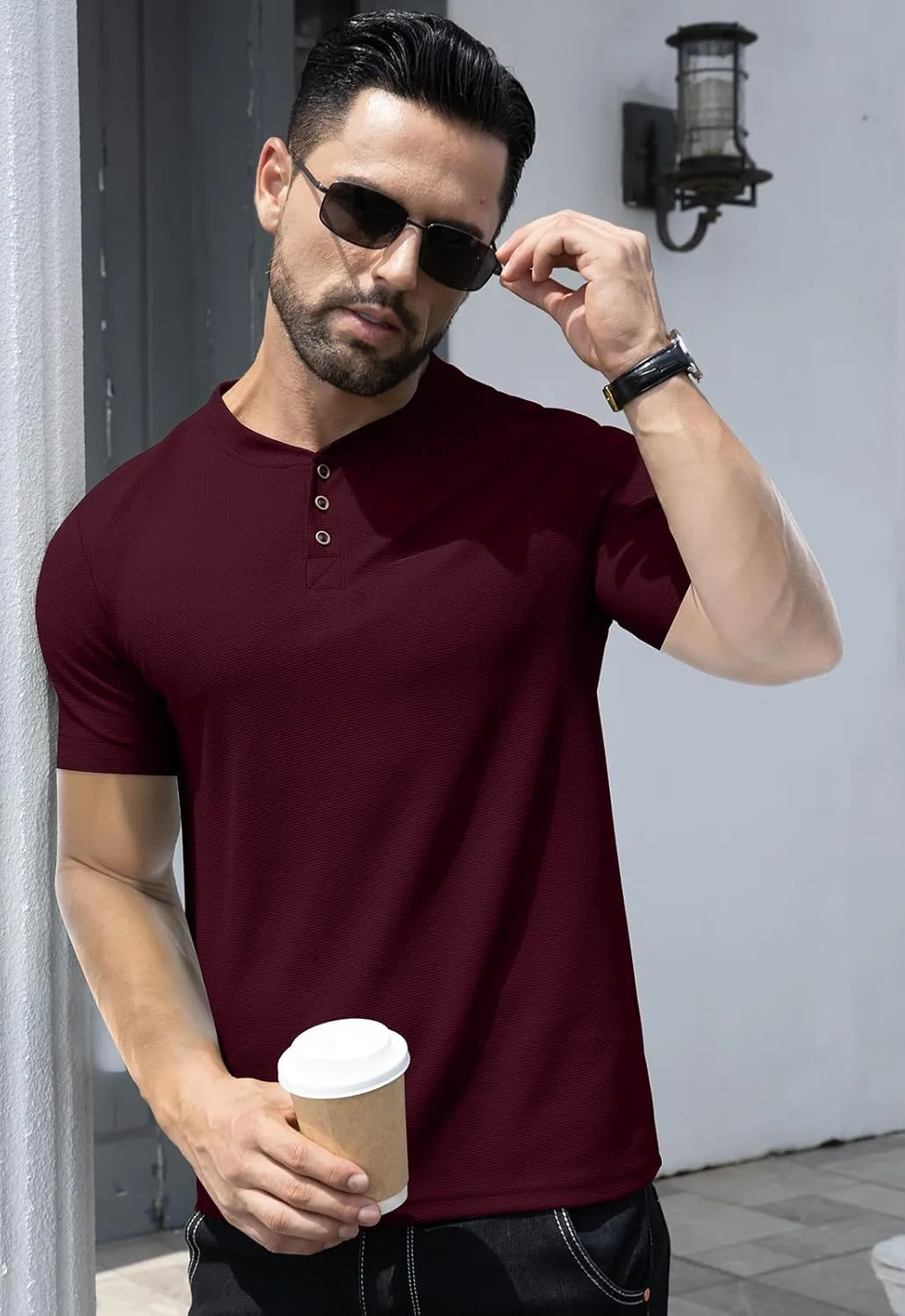 KUYIGO Men's Slim Fit Henley Shirts Short Long Sleeve Casual Tight Solid Waffle Fashion T-Shirts Tops