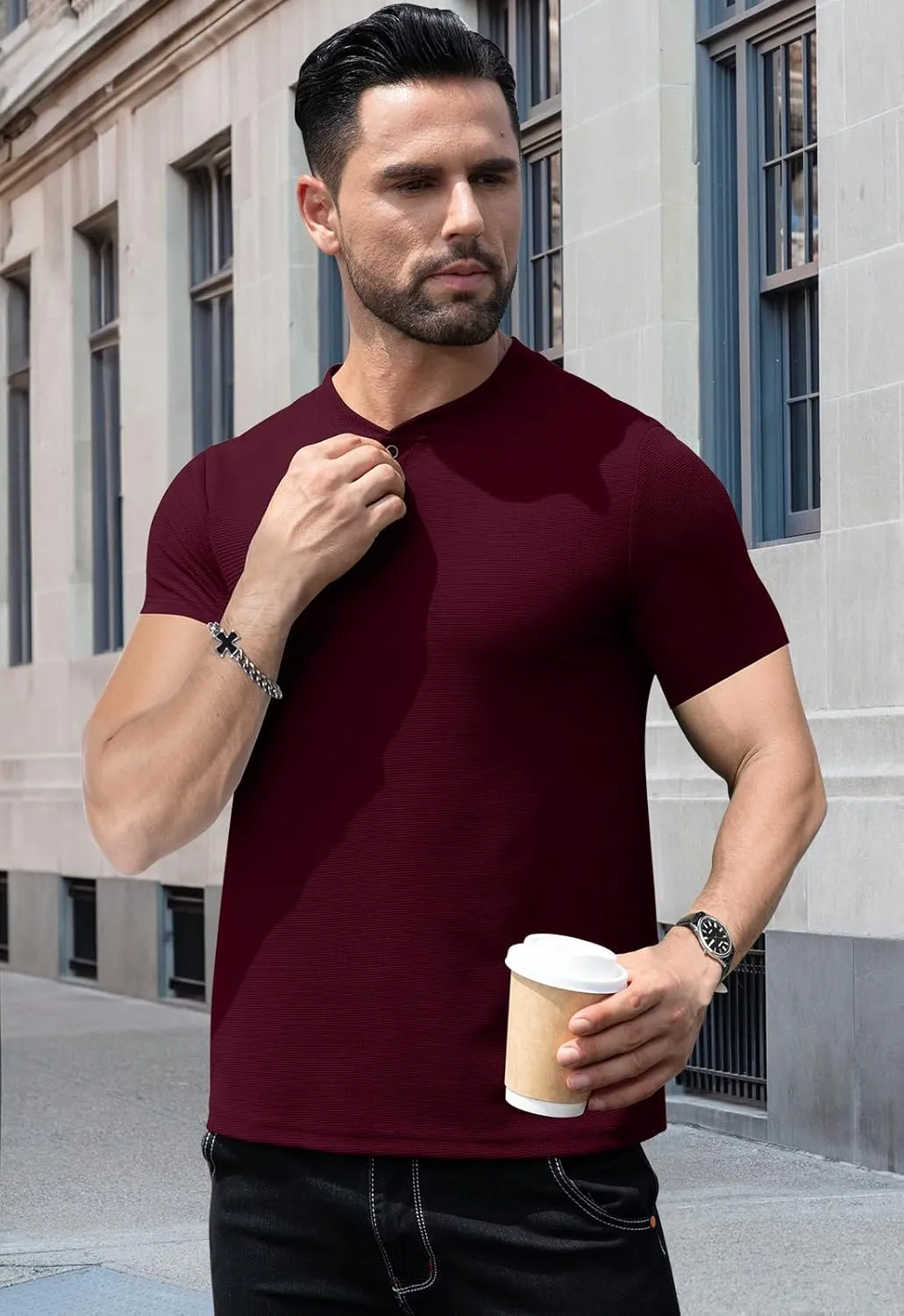 KUYIGO Men's Slim Fit Henley Shirts Short Long Sleeve Casual Tight Solid Waffle Fashion T-Shirts Tops