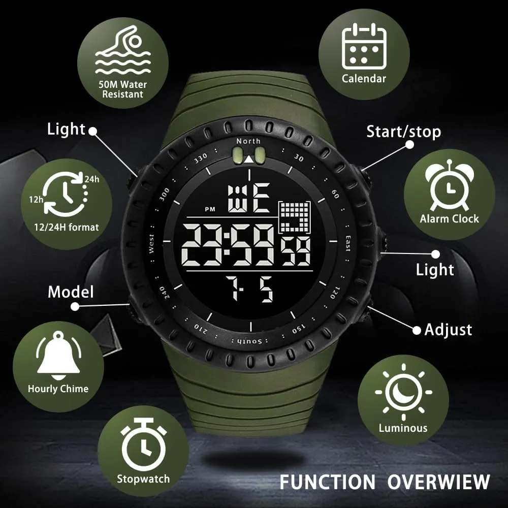 KXAITO Men's Watches Sports Outdoor Waterproof Military Watch Date Multi Function Tactics LED Face Alarm Stopwatch for Men 6256