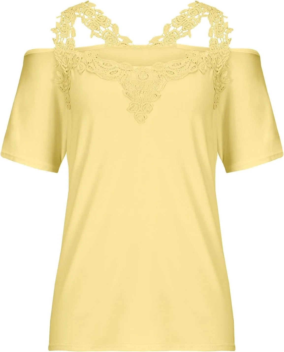 Lace Crochet Cold Shoulder Tops for Women Trendy Summer Short Sleeve Tunic Shirts Casual Loose Strappy Blouses