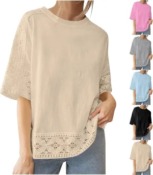 Lace Hollow Out Cotton Linen T Shirts for Women Casual Summer 2025 Crewneck 3/4 Sleeve Tops Loose Vacation Boho Tees