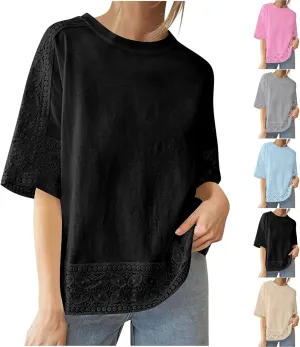 Lace Hollow Out Cotton Linen T Shirts for Women Casual Summer 2025 Crewneck 3/4 Sleeve Tops Loose Vacation Boho Tees