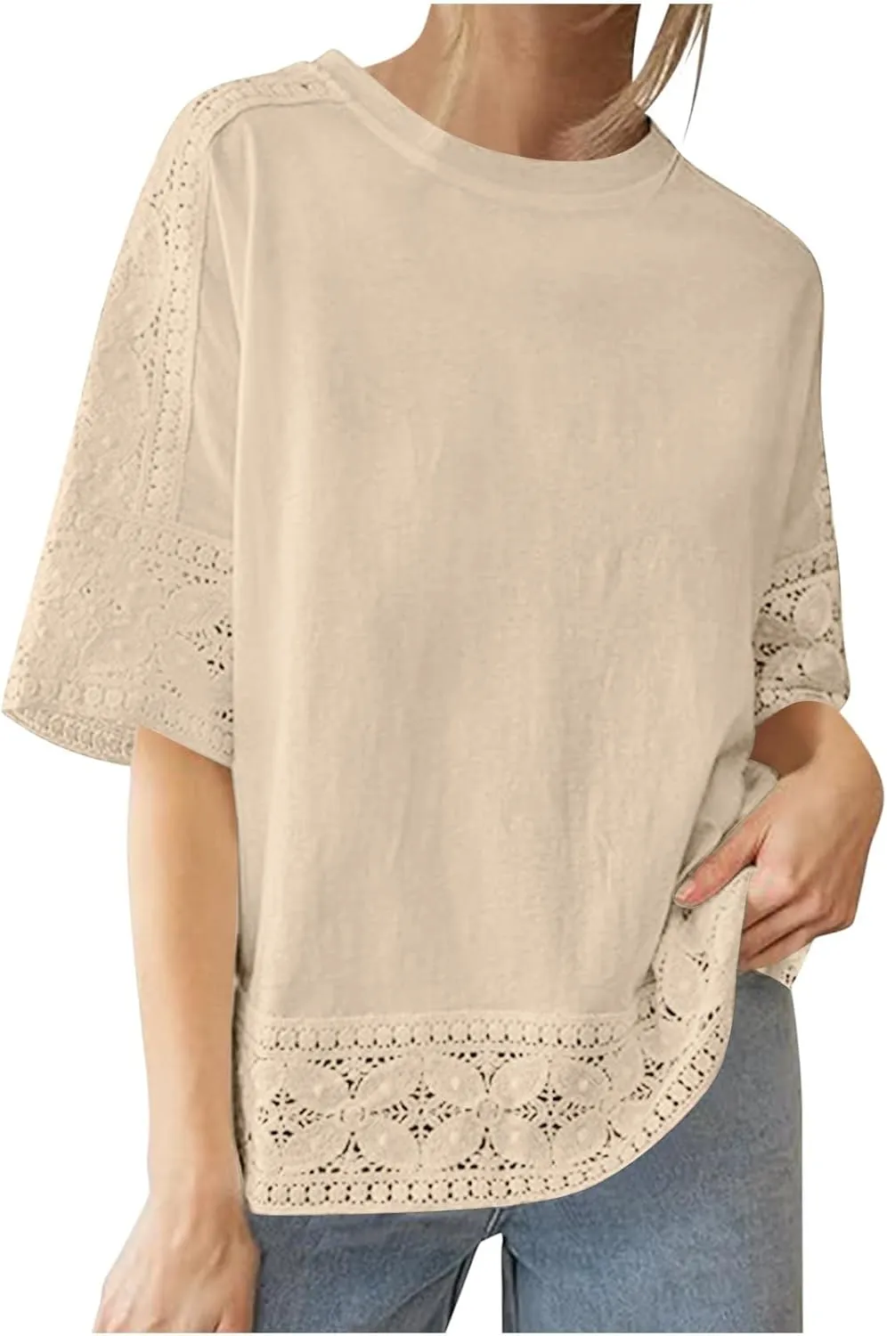 Lace Hollow Out Cotton Linen T Shirts for Women Casual Summer 2025 Crewneck 3/4 Sleeve Tops Loose Vacation Boho Tees