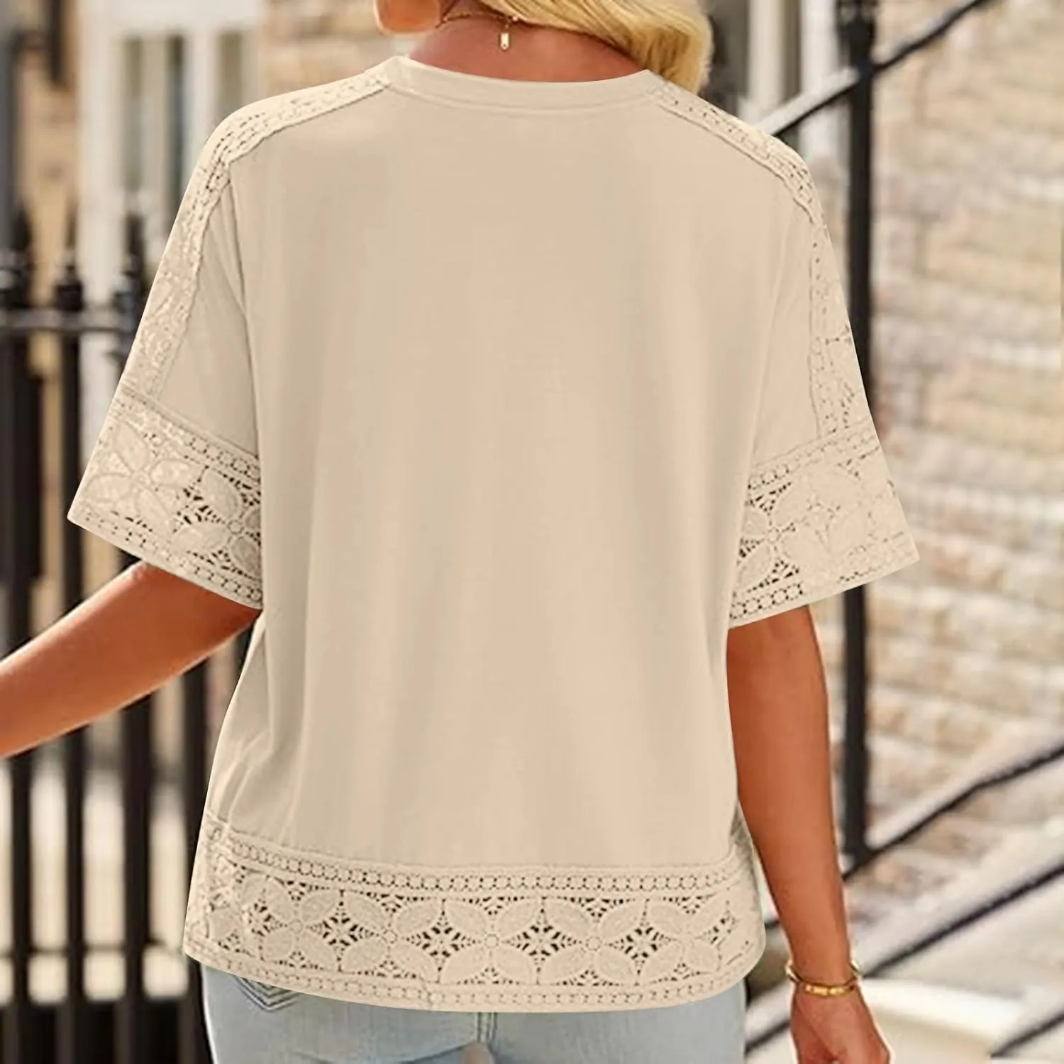 Lace Hollow Out Cotton Linen T Shirts for Women Casual Summer 2025 Crewneck 3/4 Sleeve Tops Loose Vacation Boho Tees