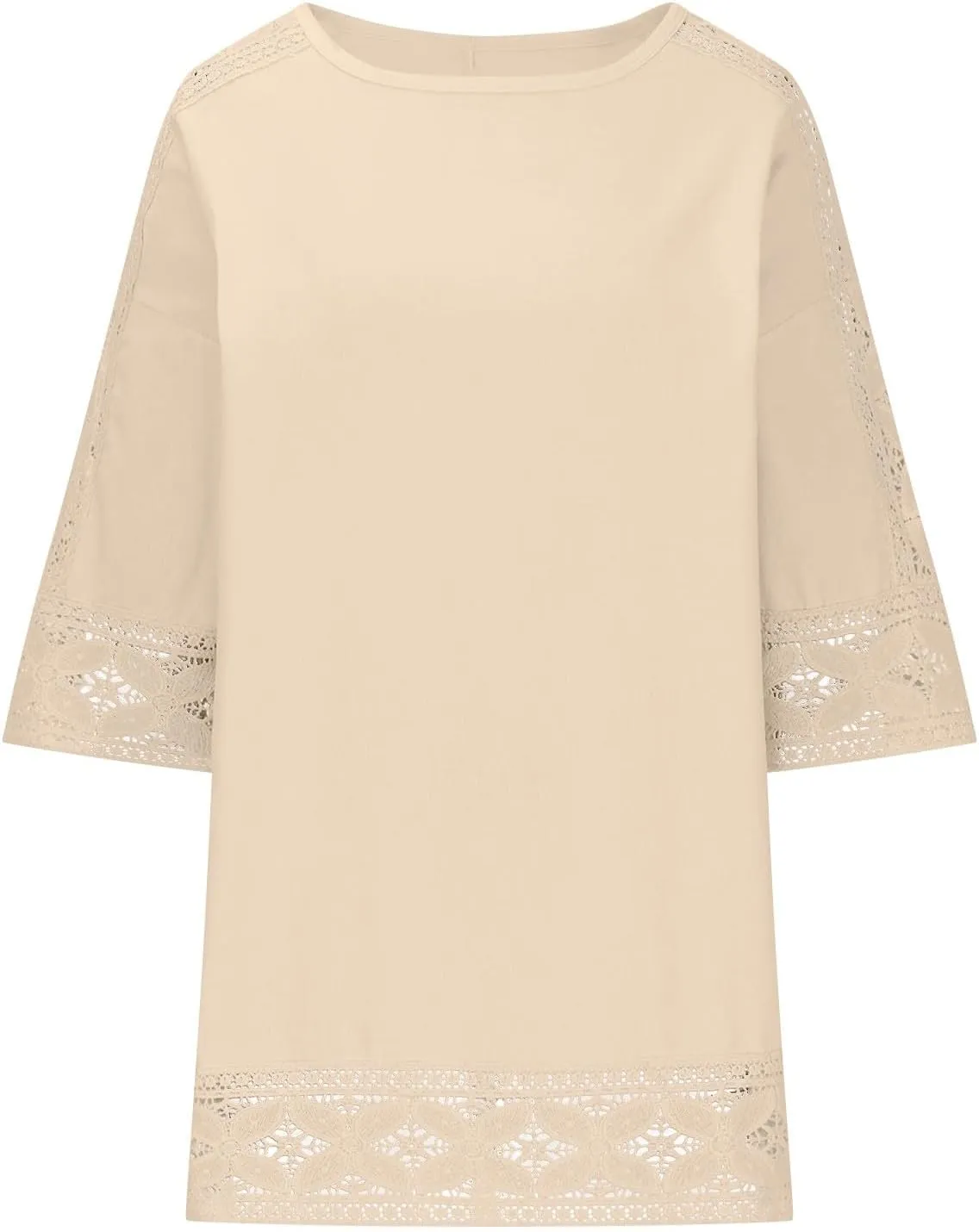 Lace Hollow Out Cotton Linen T Shirts for Women Casual Summer 2025 Crewneck 3/4 Sleeve Tops Loose Vacation Boho Tees