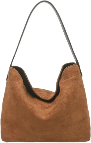 Ladies Suede Tote Bucket Bag Vintage Shoulder Bag Casual Work College Satchel Purse Chic Underarm Handbag