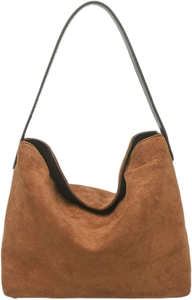 Ladies Suede Tote Bucket Bag Vintage Shoulder Bag Casual Work College Satchel Purse Chic Underarm Handbag