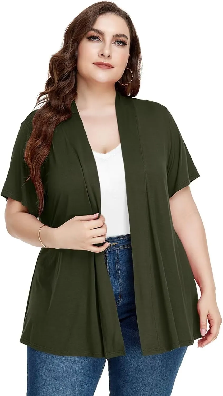 LARACE Summer Cardigans for Women Light Weight, Plus Size Womens Short Sleeve Cardigan,Spring Casual Open Front Tops Cover Up, Women's Loose Fit Blouse(Green, L-3XL)