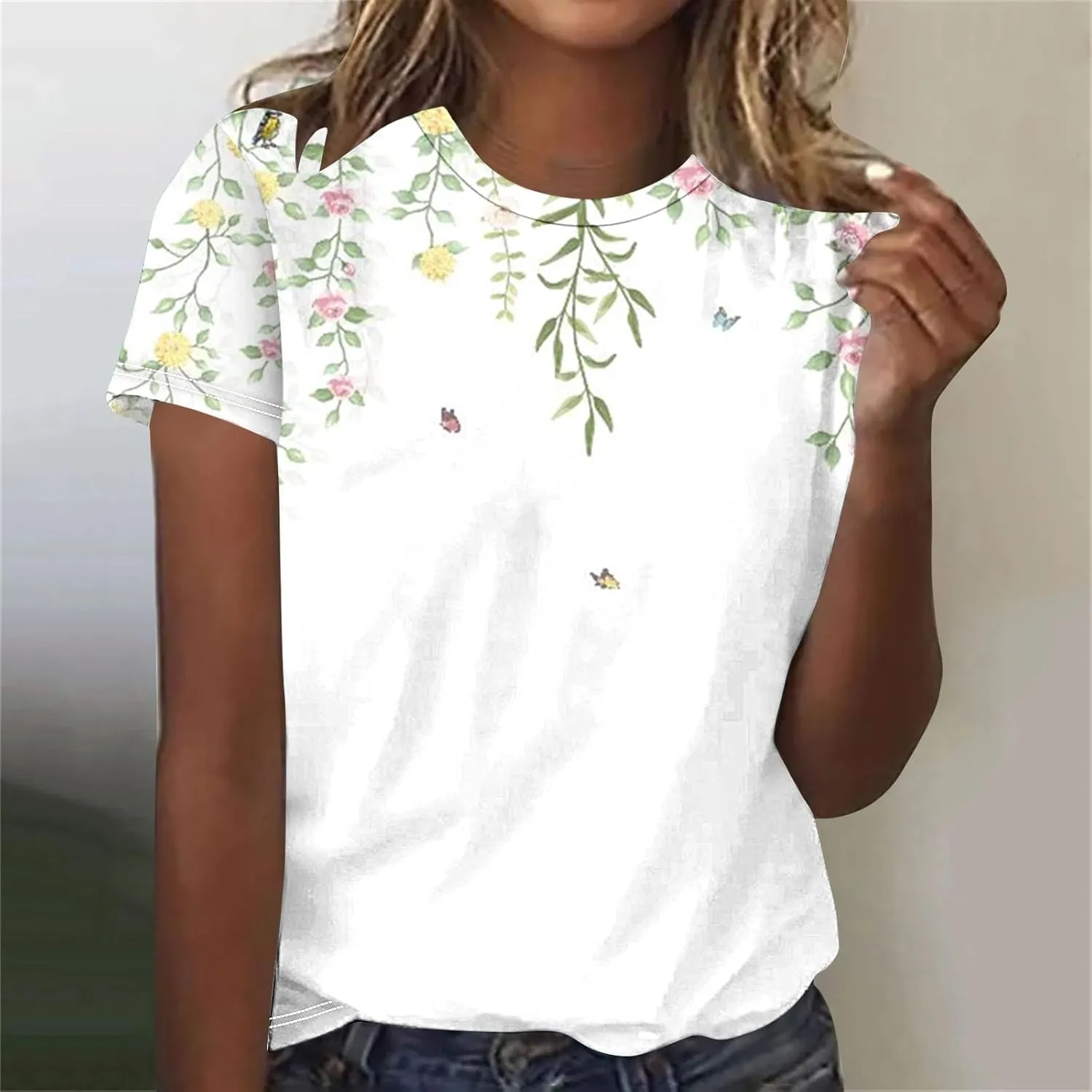 Lastesso Women Fashion Floar Print T Shirt Casual Loose Fit Crewneck Short Sleeve T Shirt Soft Spring Summer Tees