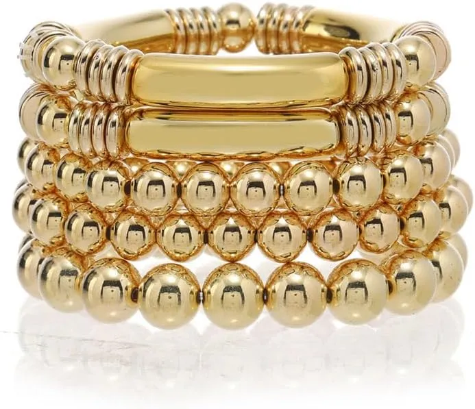 Layered Beaded Chain Bracelet Set for Women Men 14K Gold Plated 5 PCS Bohemian Fashion Stackable Elastic Chunky Curved Tube Stretch Round Bead Ball Bangle Bracelets Dainty Trendy Summer Beach Jewelry