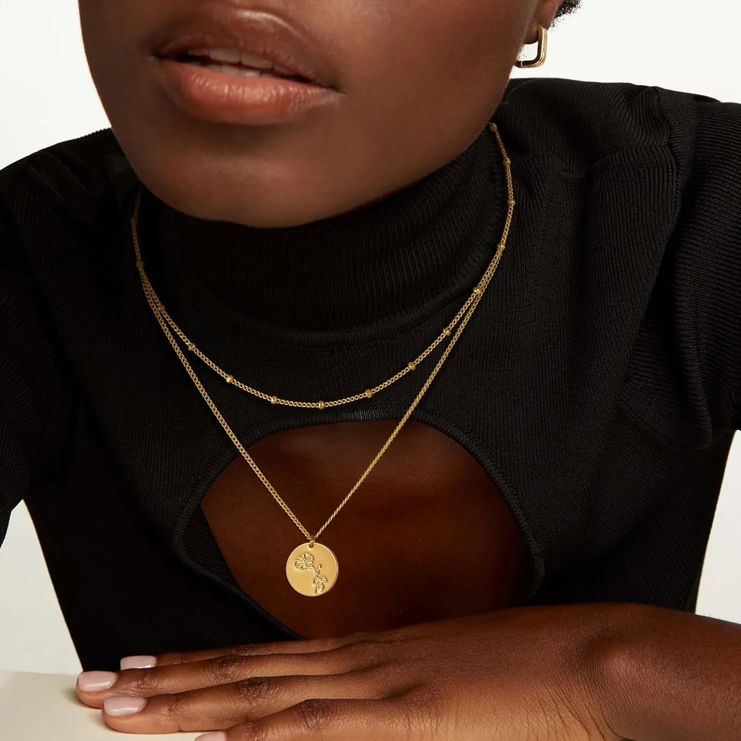 Layered Birth Flower Necklace for Women 18K Gold Plated Dainty Layering Coin Disc Pendant Necklaces Gold Jewelry Birthday Gifts 12 Month