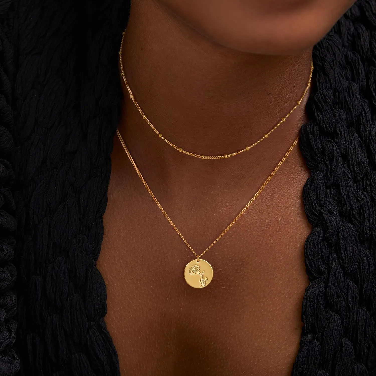 Layered Birth Flower Necklace for Women 18K Gold Plated Dainty Layering Coin Disc Pendant Necklaces Gold Jewelry Birthday Gifts 12 Month