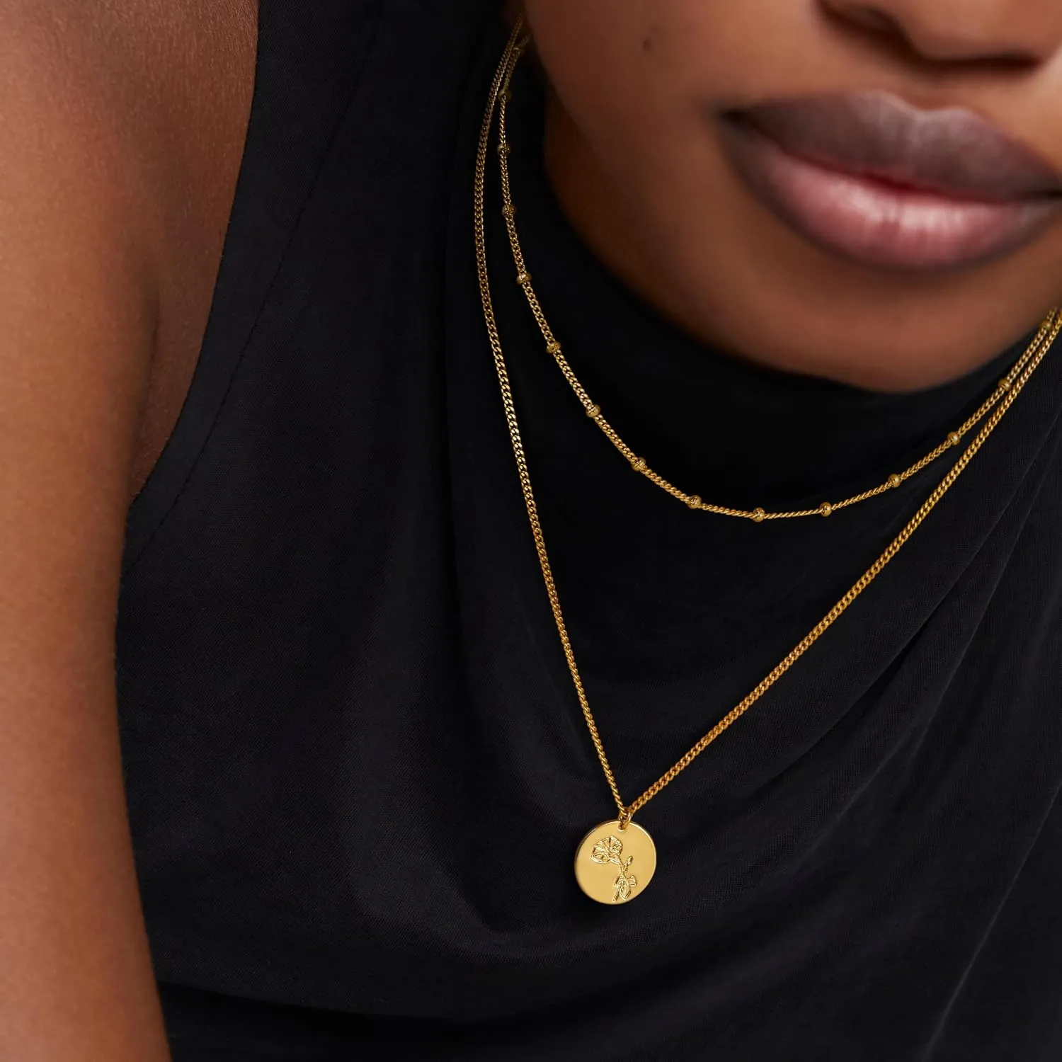 Layered Birth Flower Necklace for Women 18K Gold Plated Dainty Layering Coin Disc Pendant Necklaces Gold Jewelry Birthday Gifts 12 Month