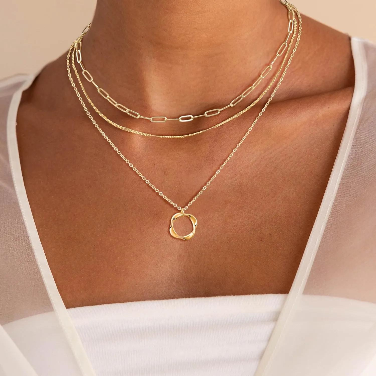 Layered Choker Necklaces, 14k Gold Plated/Sterling Silver Stackable Circle Pendant Chain Necklace Set