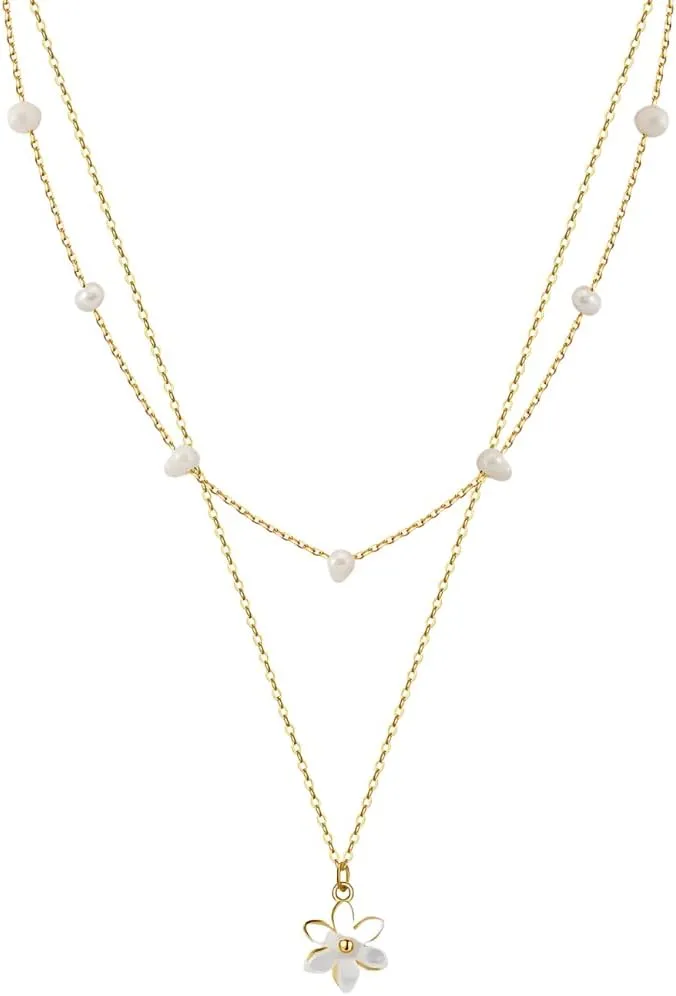 Layered Pearl Necklace Gold and Silver, Dainty Chain with Daisy Pendant, 925 Sterling Silver and Baroque Pearl Necklace