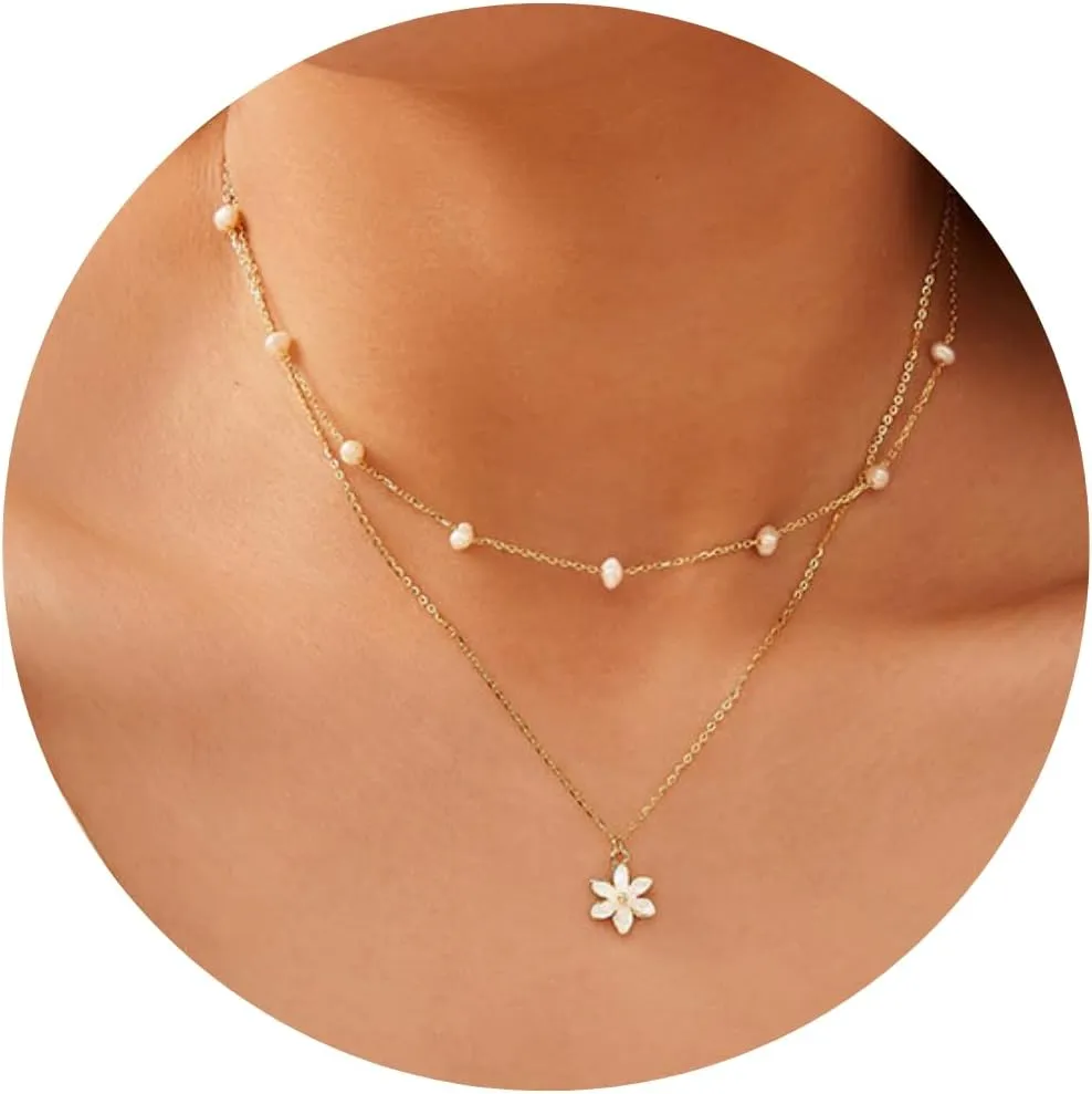 Layered Pearl Necklace Gold and Silver, Dainty Chain with Daisy Pendant, 925 Sterling Silver and Baroque Pearl Necklace