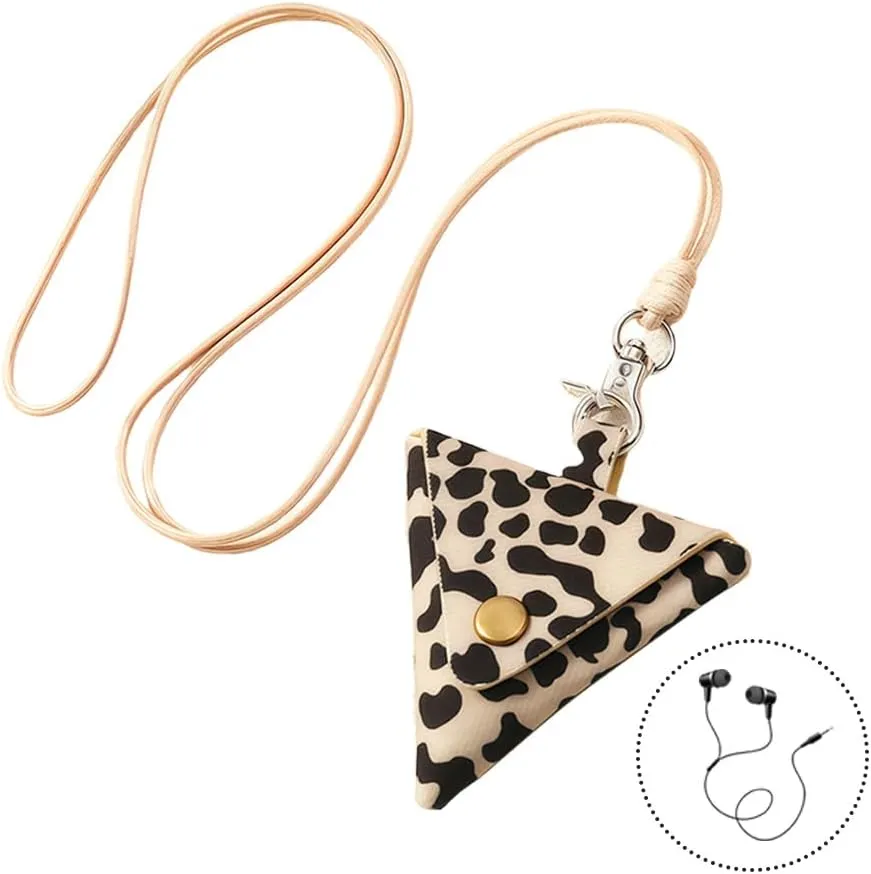 Leopard Headphone Case Pouch Leopard Womens Long Necklace Vintage Leather Earphone Earbud Pouch Bag Triangular Long Pendant Necklace Mini Headphone Storage Bag Leopard Sweater Necklace for Women Long