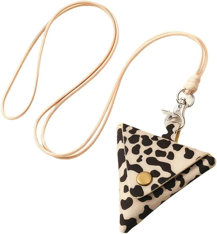 Leopard Headphone Case Pouch Leopard Womens Long Necklace Vintage Leather Earphone Earbud Pouch Bag Triangular Long Pendant Necklace Mini Headphone Storage Bag Leopard Sweater Necklace for Women Long