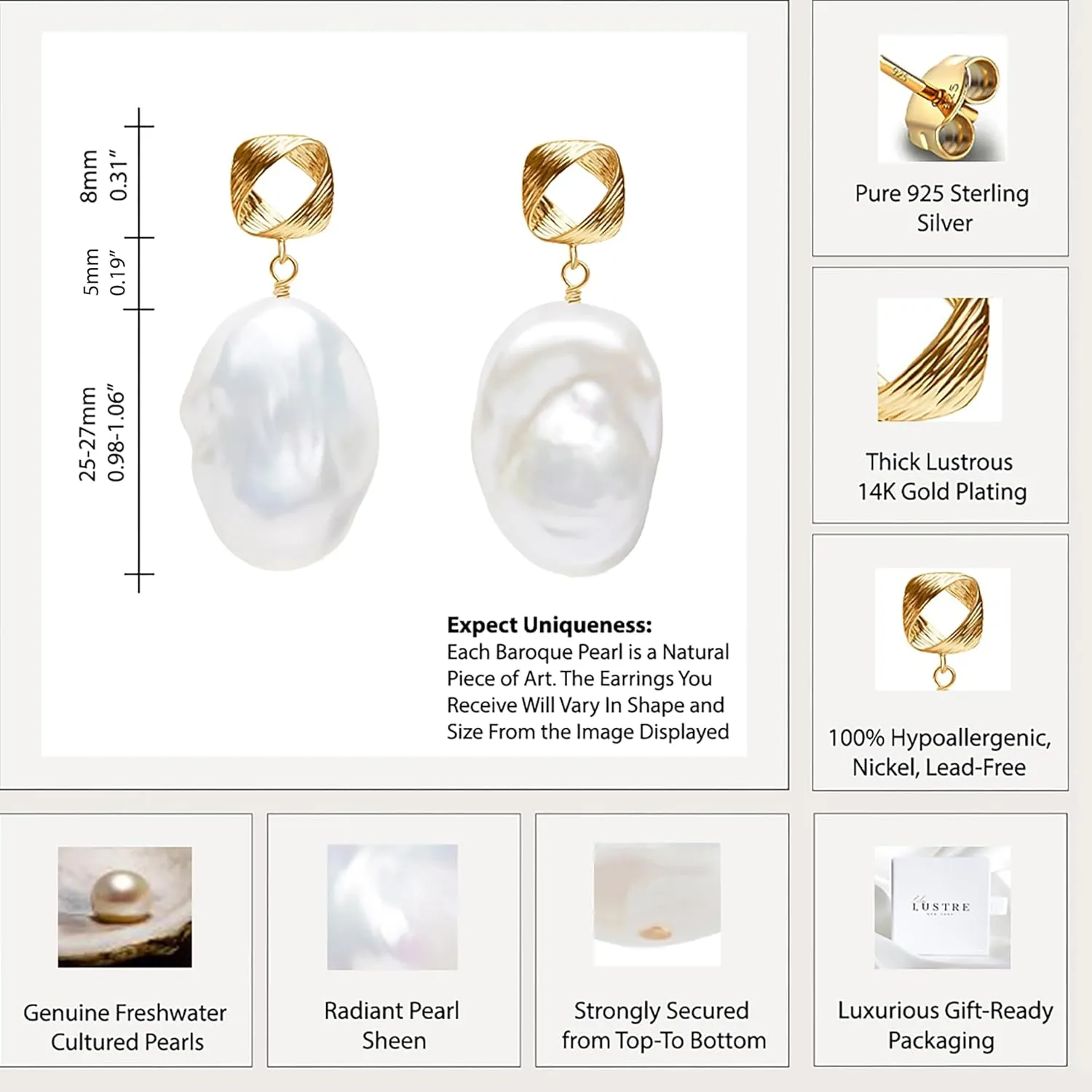 LILY LUSTRE 14k Gold Plated 925 Sterling Silver Handpicked AAAA Quality Natural White Freshwater Cultured Irregular Fireball Baroque Pearl Drop Dangle Bridal Earrings for Women