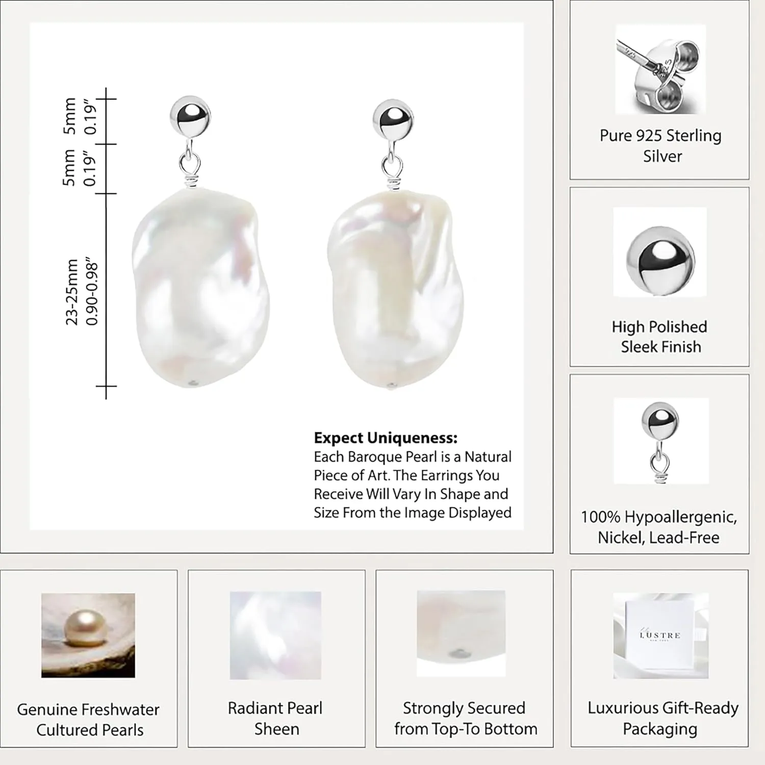 LILY LUSTRE 14k Gold Plated 925 Sterling Silver Handpicked AAAA Quality Natural White Freshwater Cultured Irregular Fireball Baroque Pearl Drop Dangle Bridal Earrings for Women