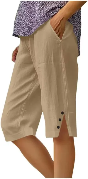 Linen Bermuda Shorts for Women Summer Drawstring Elastic High Short Knee Length Casual Shorts Vacation Beach Trousers