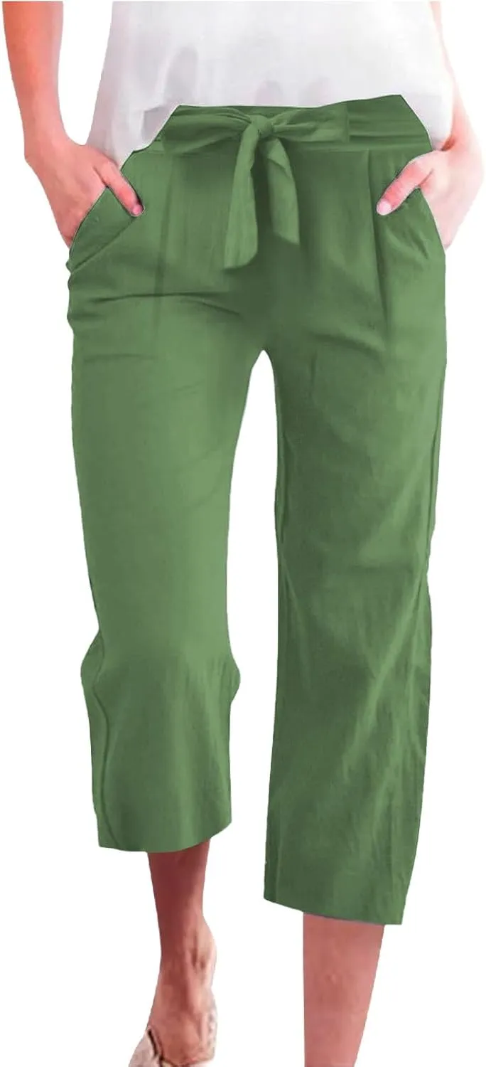 Linen Capris for Women Plus Size Paperbag High Waisted Crop Wide Leg Pants with Tie Summer Gaucho Pants Beach Outfits