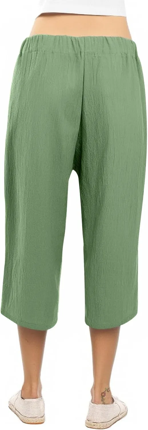 Linen Capris for Women Plus Size Paperbag High Waisted Crop Wide Leg Pants with Tie Summer Gaucho Pants Beach Outfits