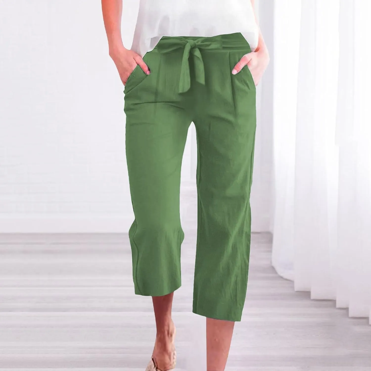 Linen Capris for Women Plus Size Paperbag High Waisted Crop Wide Leg Pants with Tie Summer Gaucho Pants Beach Outfits