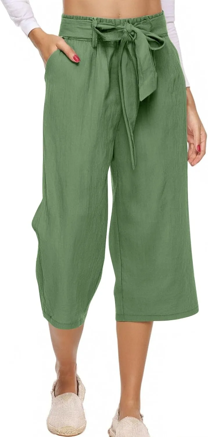 Linen Capris for Women Plus Size Paperbag High Waisted Crop Wide Leg Pants with Tie Summer Gaucho Pants Beach Outfits