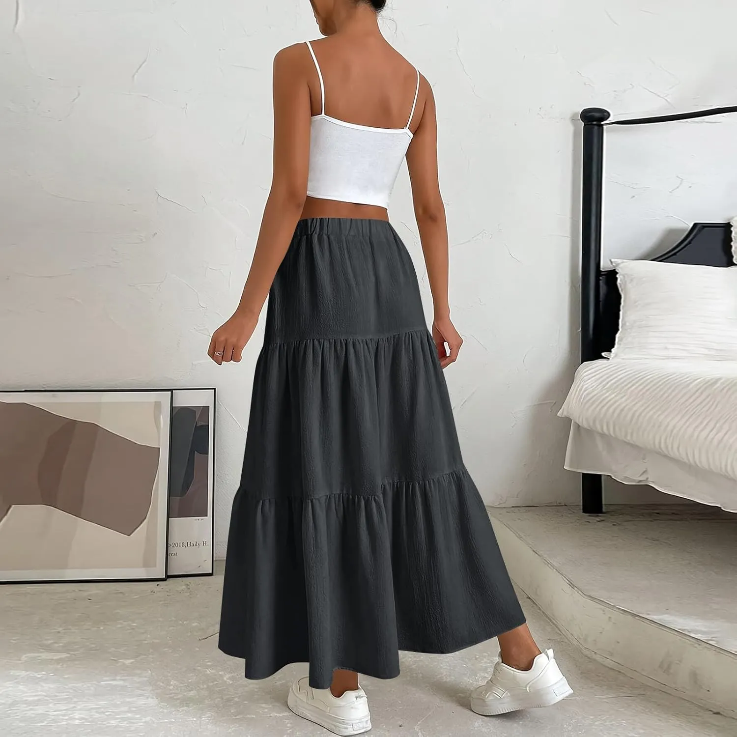 Linen Maxi Skirts for Women 2025 Summer Boho Long Flowy Skirt Bow Tie Elastic Waist Tiered Swing Pleated A Line Skirt