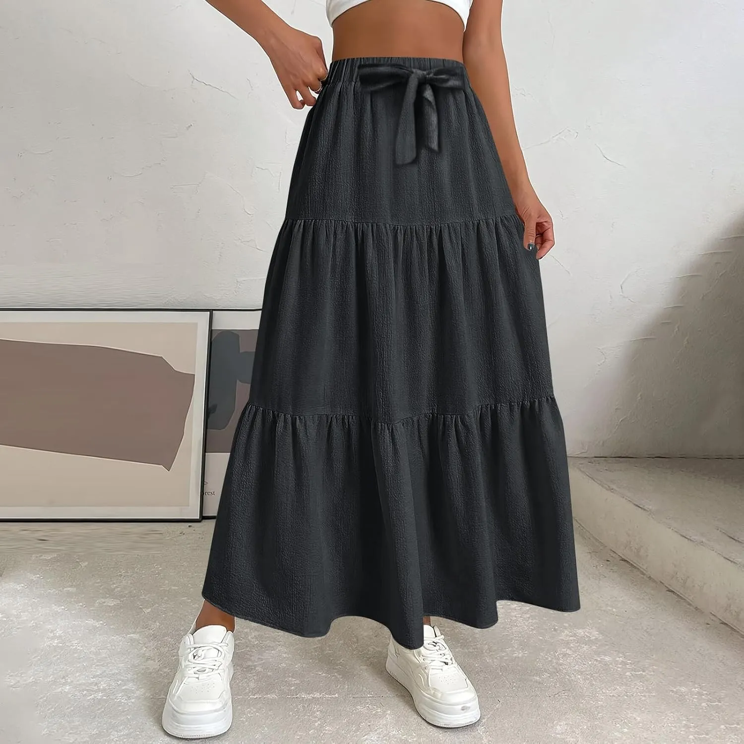 Linen Maxi Skirts for Women 2025 Summer Boho Long Flowy Skirt Bow Tie Elastic Waist Tiered Swing Pleated A Line Skirt