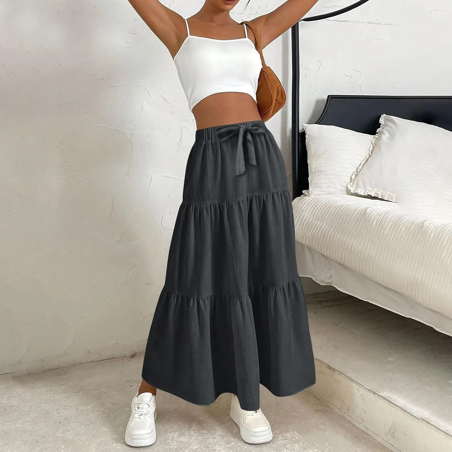 Linen Maxi Skirts for Women 2025 Summer Boho Long Flowy Skirt Bow Tie Elastic Waist Tiered Swing Pleated A Line Skirt