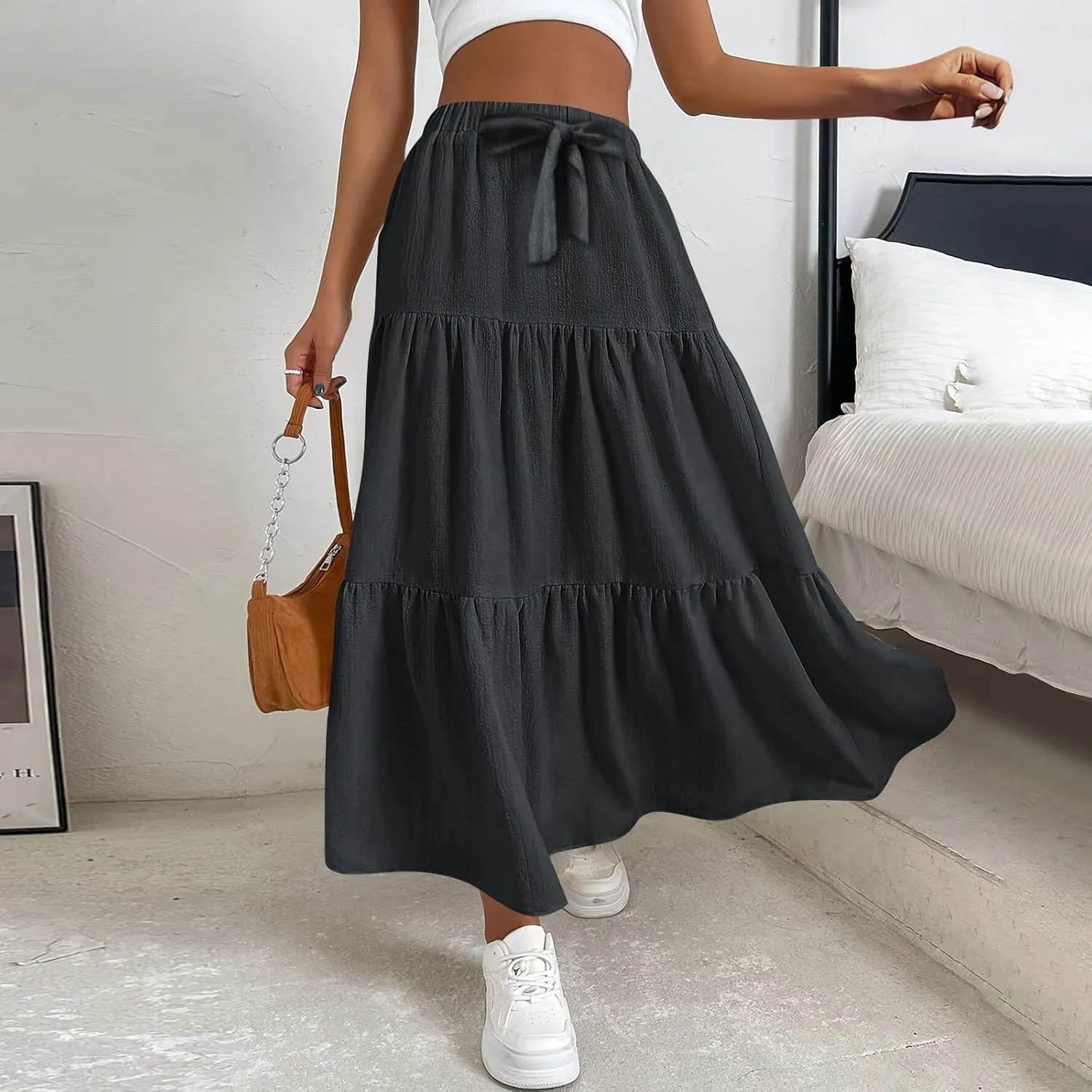 Linen Maxi Skirts for Women 2025 Summer Boho Long Flowy Skirt Bow Tie Elastic Waist Tiered Swing Pleated A Line Skirt