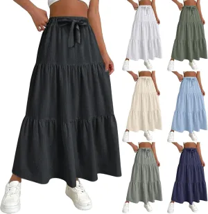 Linen Maxi Skirts for Women 2025 Summer Boho Long Flowy Skirt Bow Tie Elastic Waist Tiered Swing Pleated A Line Skirt