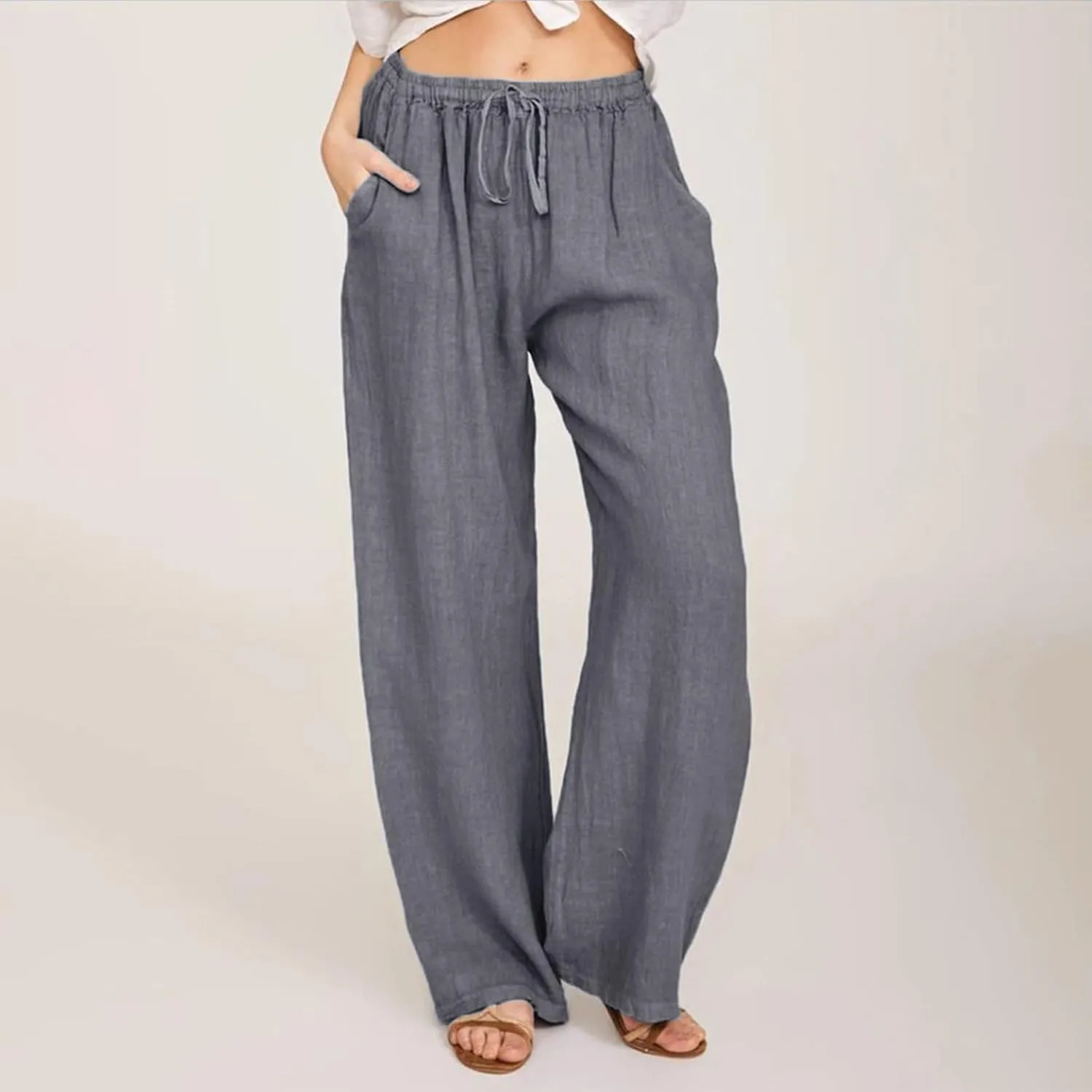 Linen Pants for Women Drawstring Elastic Waist Wide Leg Pant Summer Breathable Solid Boho Flowy Beach Pant Trousers