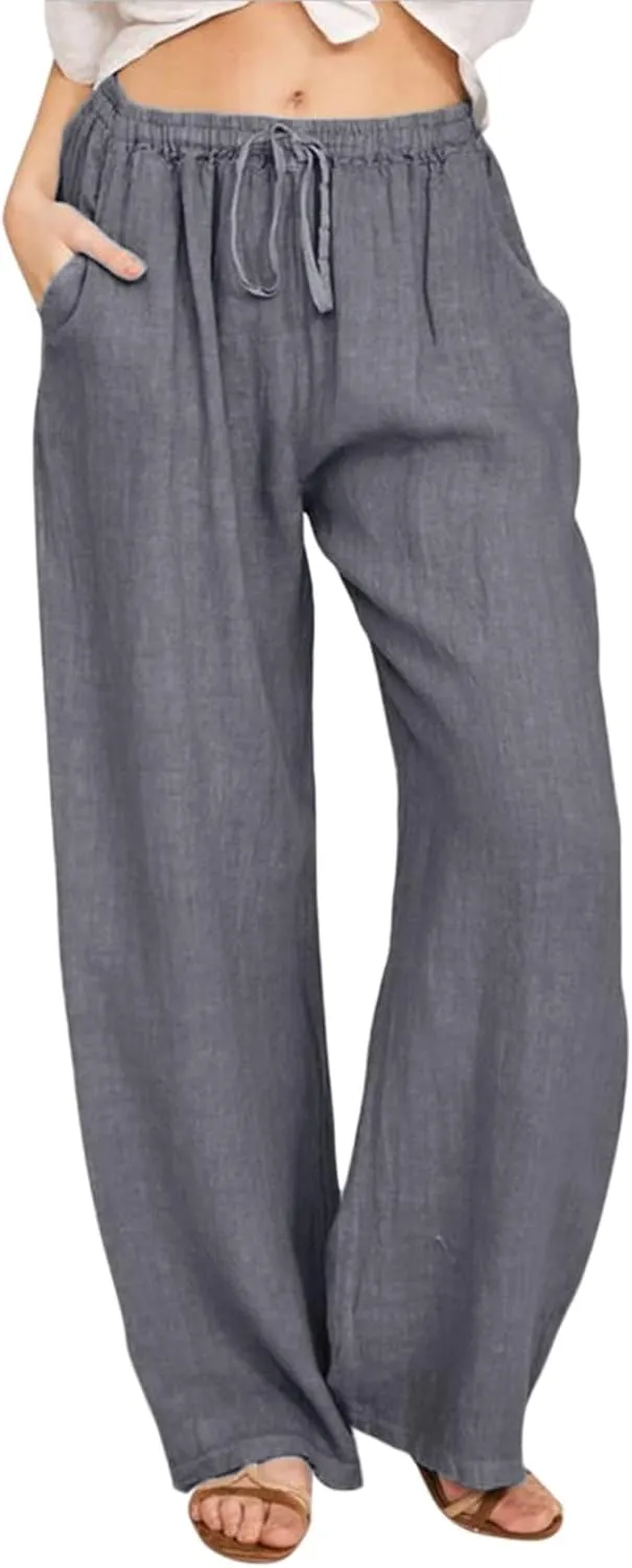 Linen Pants for Women Drawstring Elastic Waist Wide Leg Pant Summer Breathable Solid Boho Flowy Beach Pant Trousers