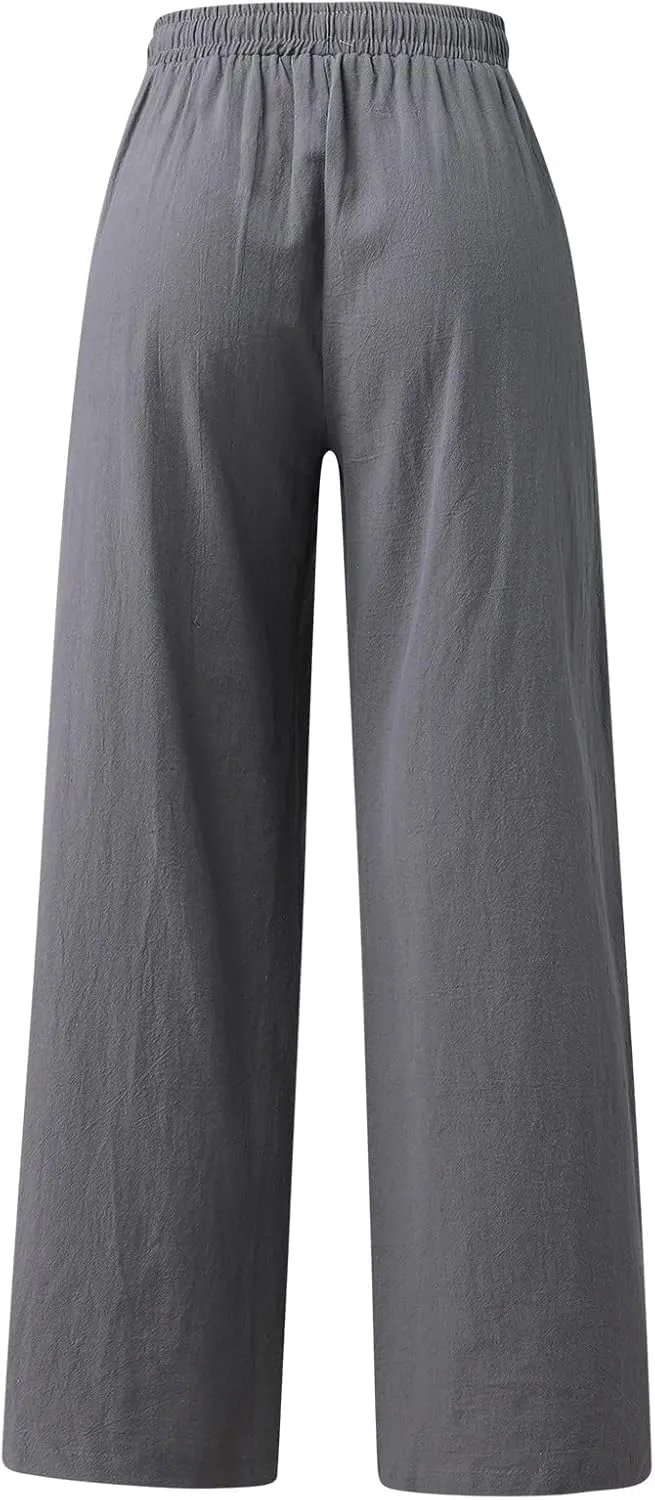 Linen Pants for Women Drawstring Elastic Waist Wide Leg Pant Summer Breathable Solid Boho Flowy Beach Pant Trousers