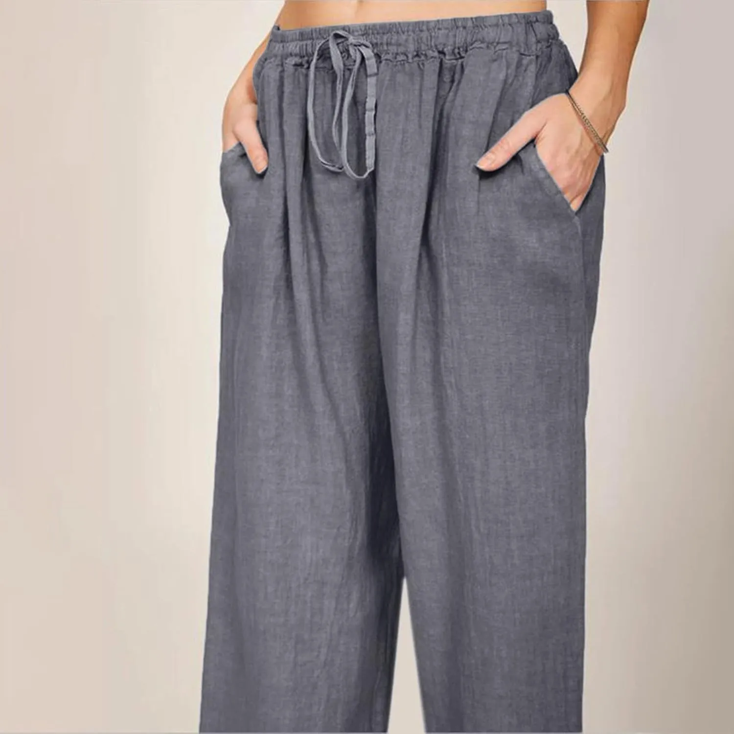 Linen Pants for Women Drawstring Elastic Waist Wide Leg Pant Summer Breathable Solid Boho Flowy Beach Pant Trousers